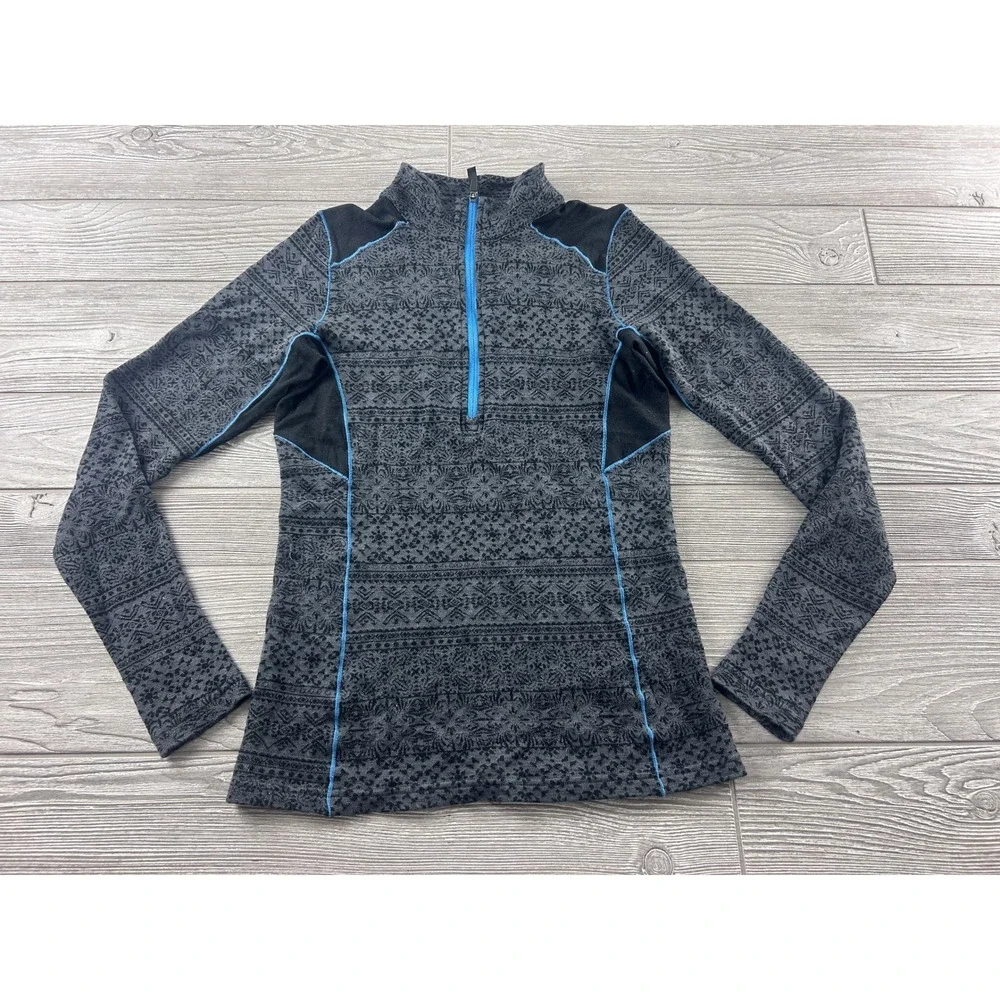 Kuhl Womens Merino Wool Fair Isle Quarter Zip Pullover Grey Black Blue Small
